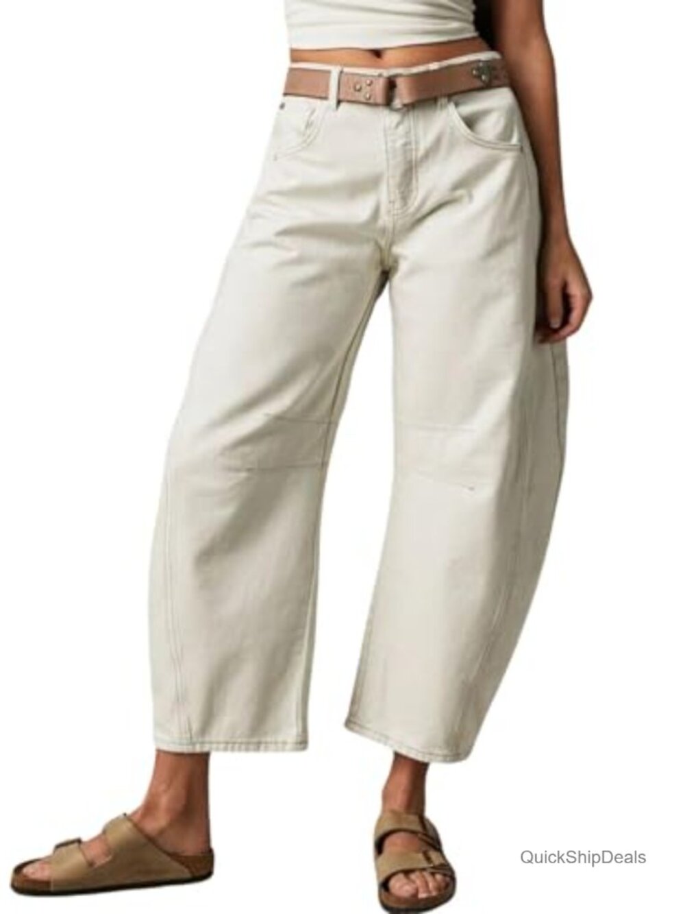 Women's Stretchy Mid Rise Barrel Jeans Loose Wide Leg Cropped Denim Pants